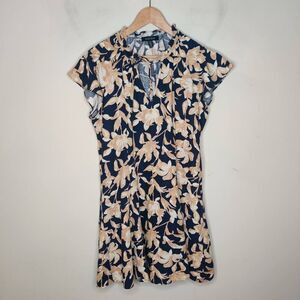 Ellen Tracy Linen Blend Floral Dress Pockets Blue Brown